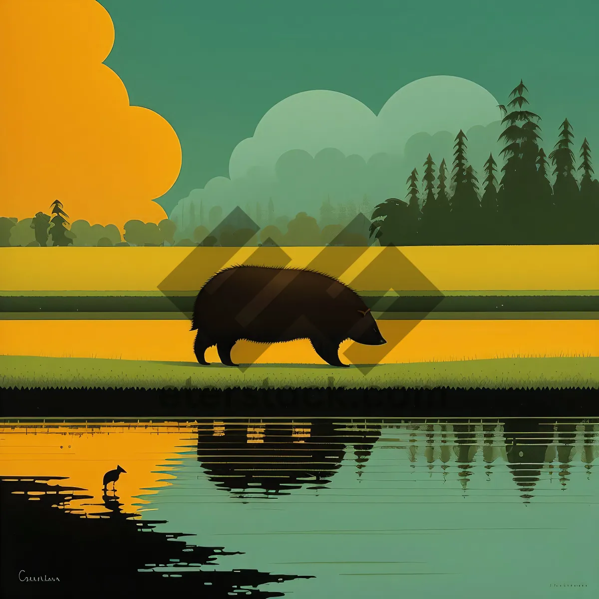 Picture of Serene Sunset Reflection on Lake with Hippopotamus