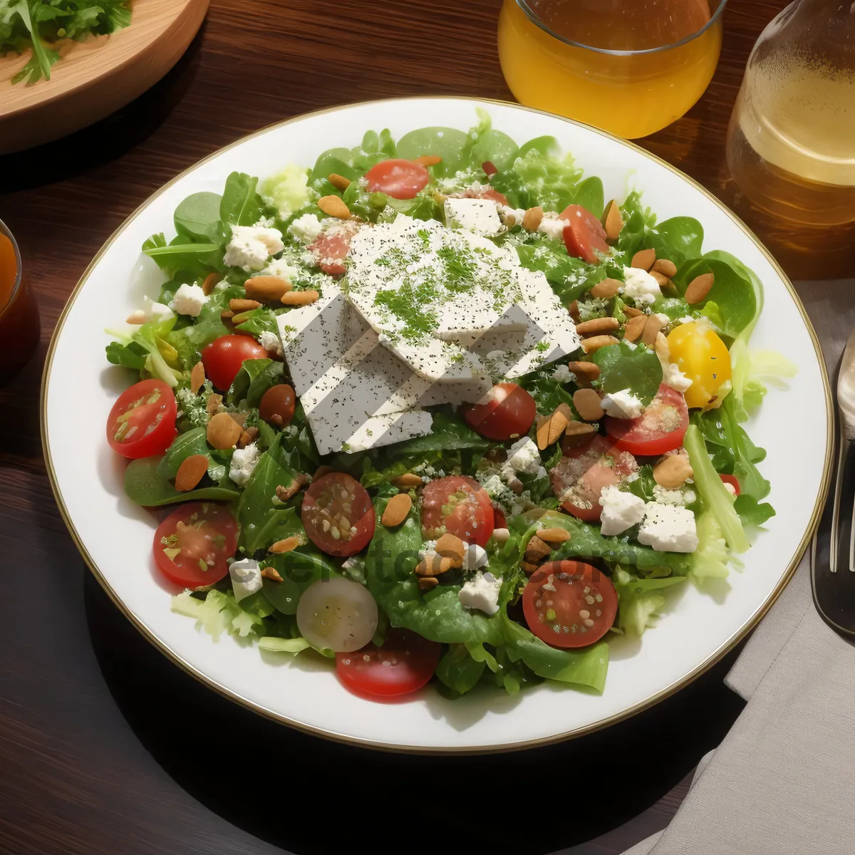 Picture of Healthy vegetable salad with fresh cheese and olive oil.