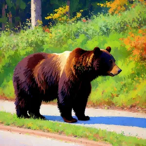 Brown Bear Grazing in Rural Field