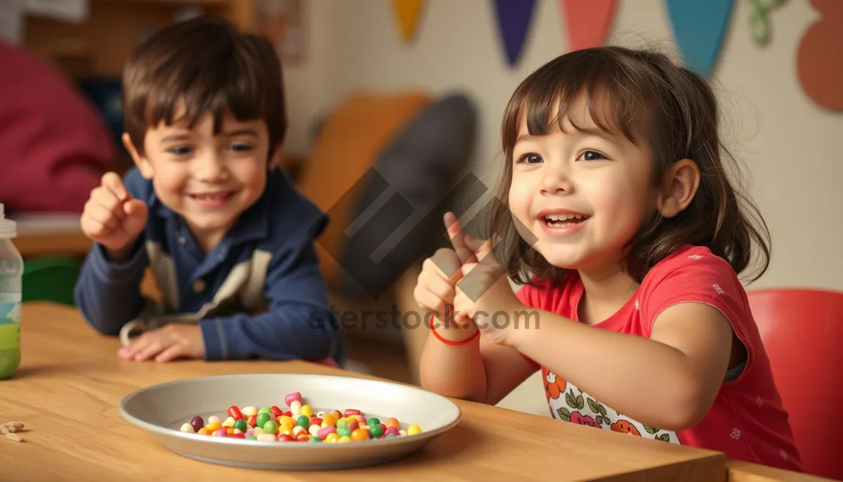 Picture of Happy boy sitting in classroom with school group