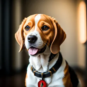 Purebred Beagle Puppy Sitting with Brown Collar