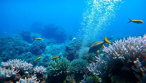 Colorful tropical fish swimming in bright sunlight underwater reef