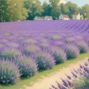 Lavender Field: Blooming Purple Flowers in Rural Landscape