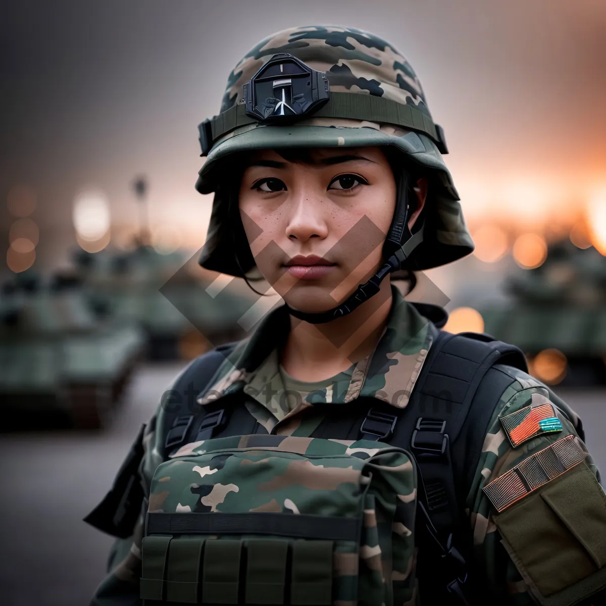 Picture of Happy Private in Military Uniform with Bulletproof Vest