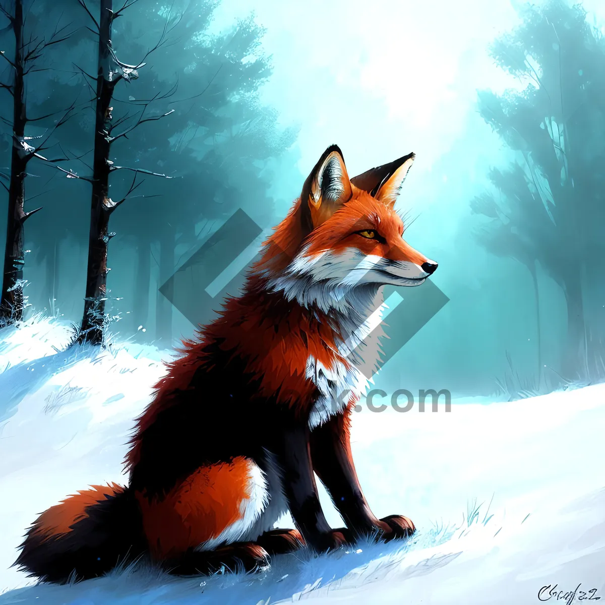 Picture of Adorable Red Fox Canine with Snowy Fur