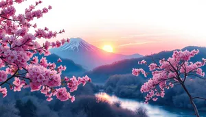 Japanese sunset over Mount Fuji with crape myrtle