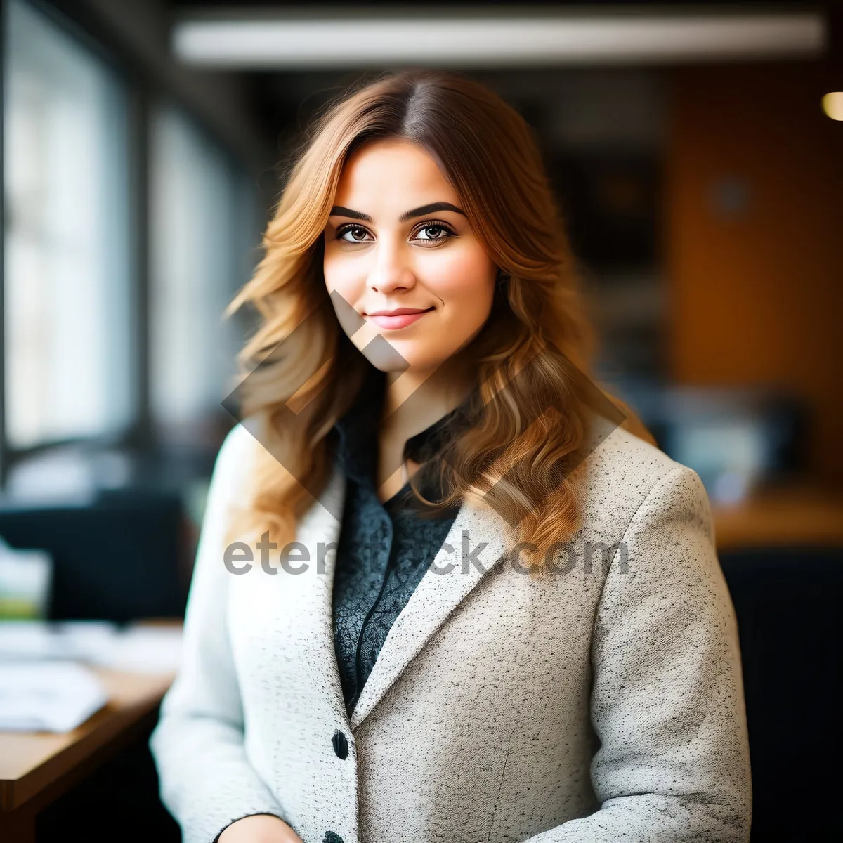 Picture of Attractive brunette businesswoman smiling in casual attire.