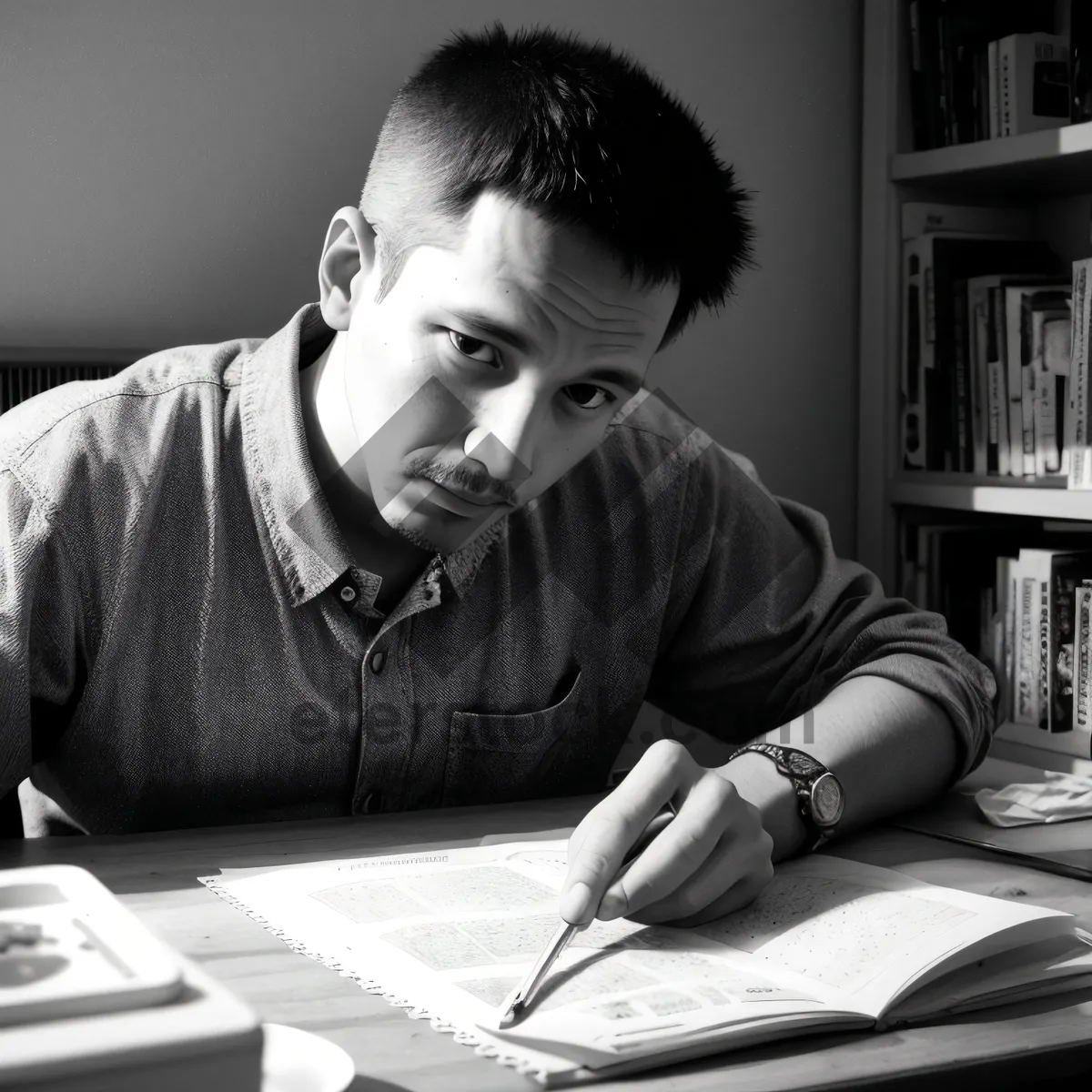 Picture of Professional man smiling at laptop in office workspace.