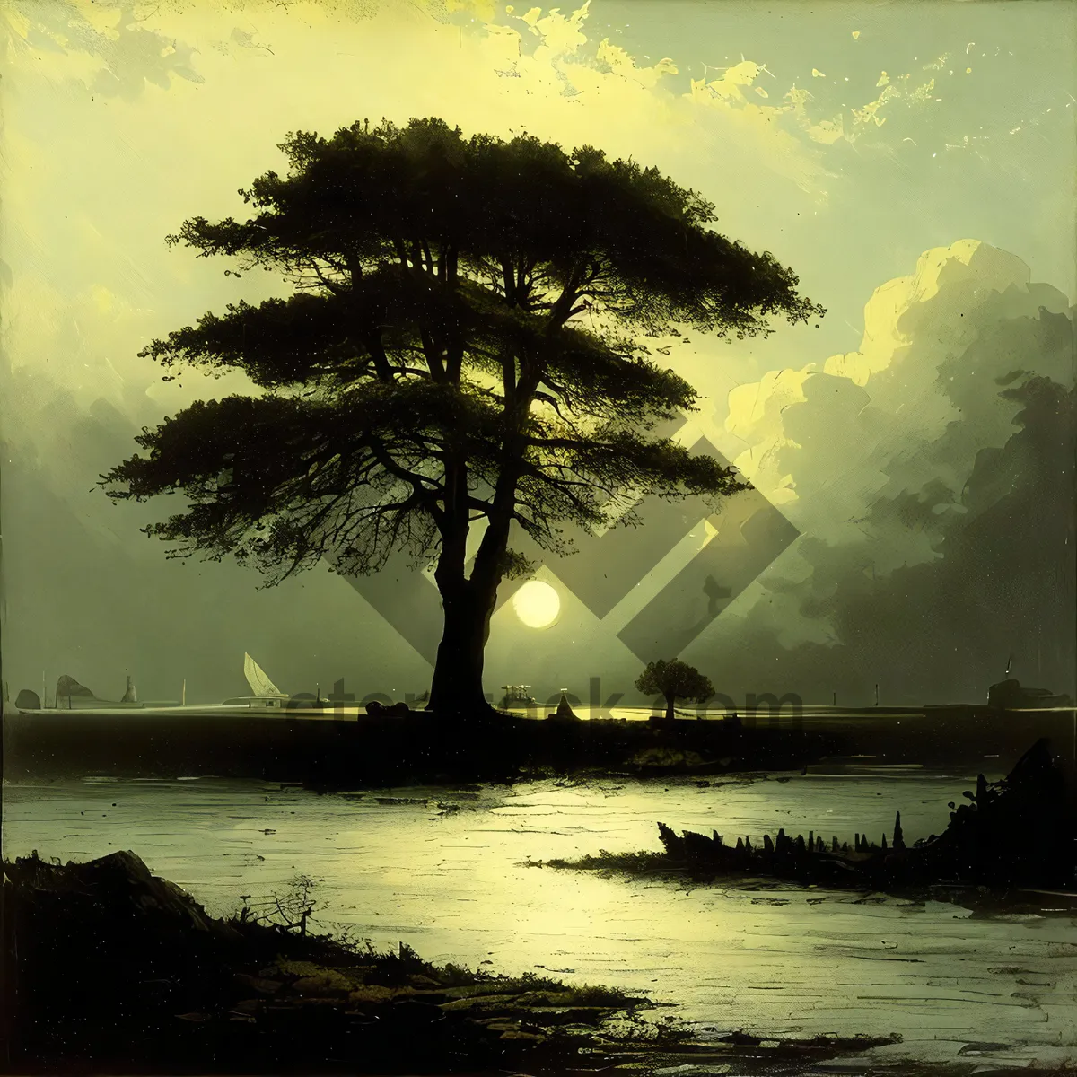 Picture of Silhouette Sunset: Beach Palm Trees Reflecting on Ocean