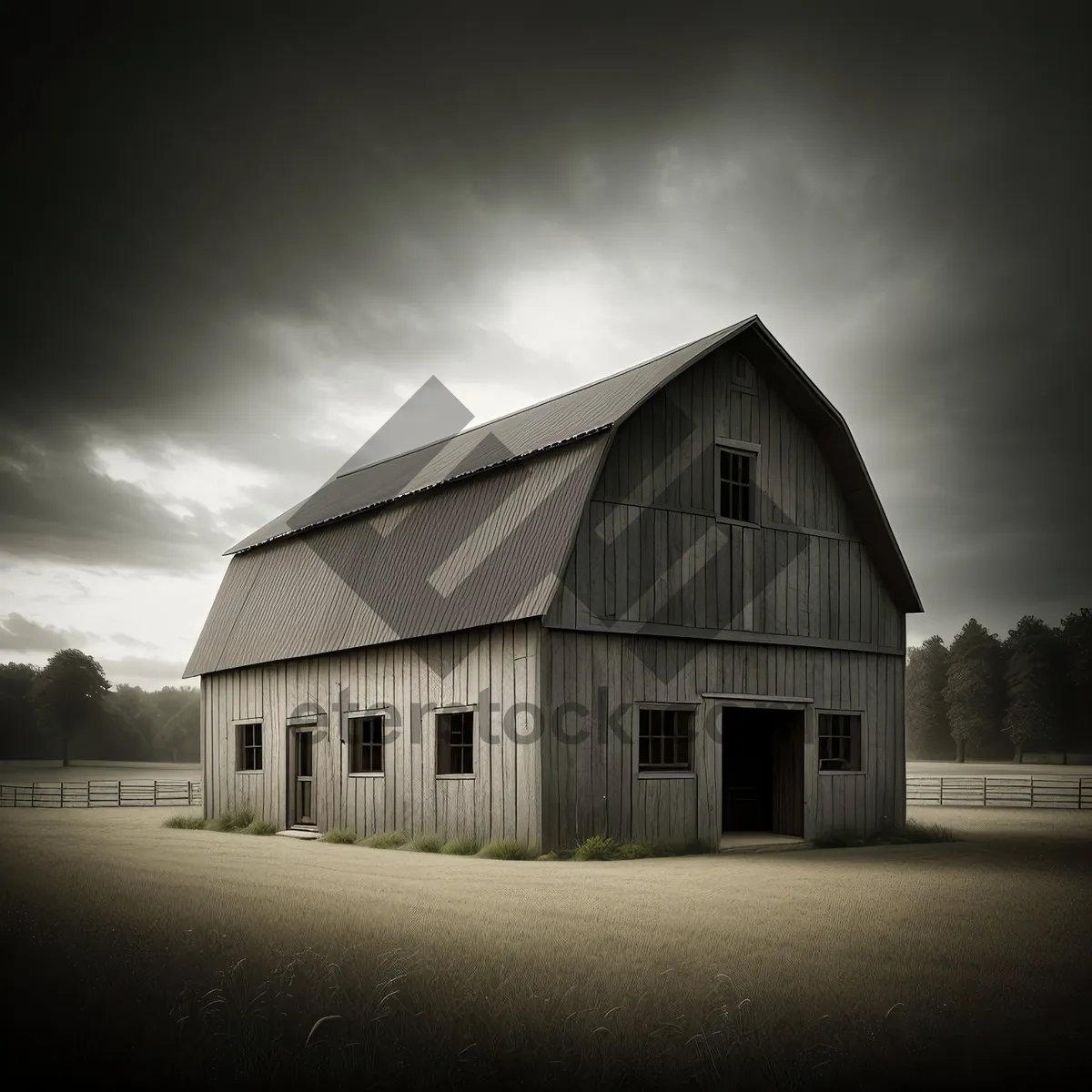 Picture of Rustic Farmhouse against Idyllic Countryside Sky