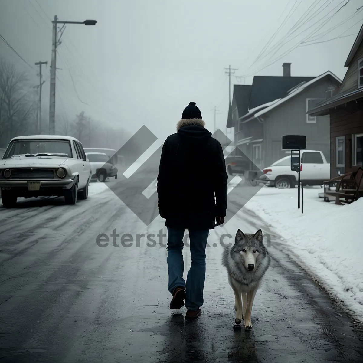 Picture of Snowy Malamute Sled Dog in Winter Landscape