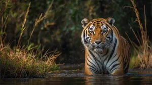 Fierce tiger in the jungle with stripes and whiskers.