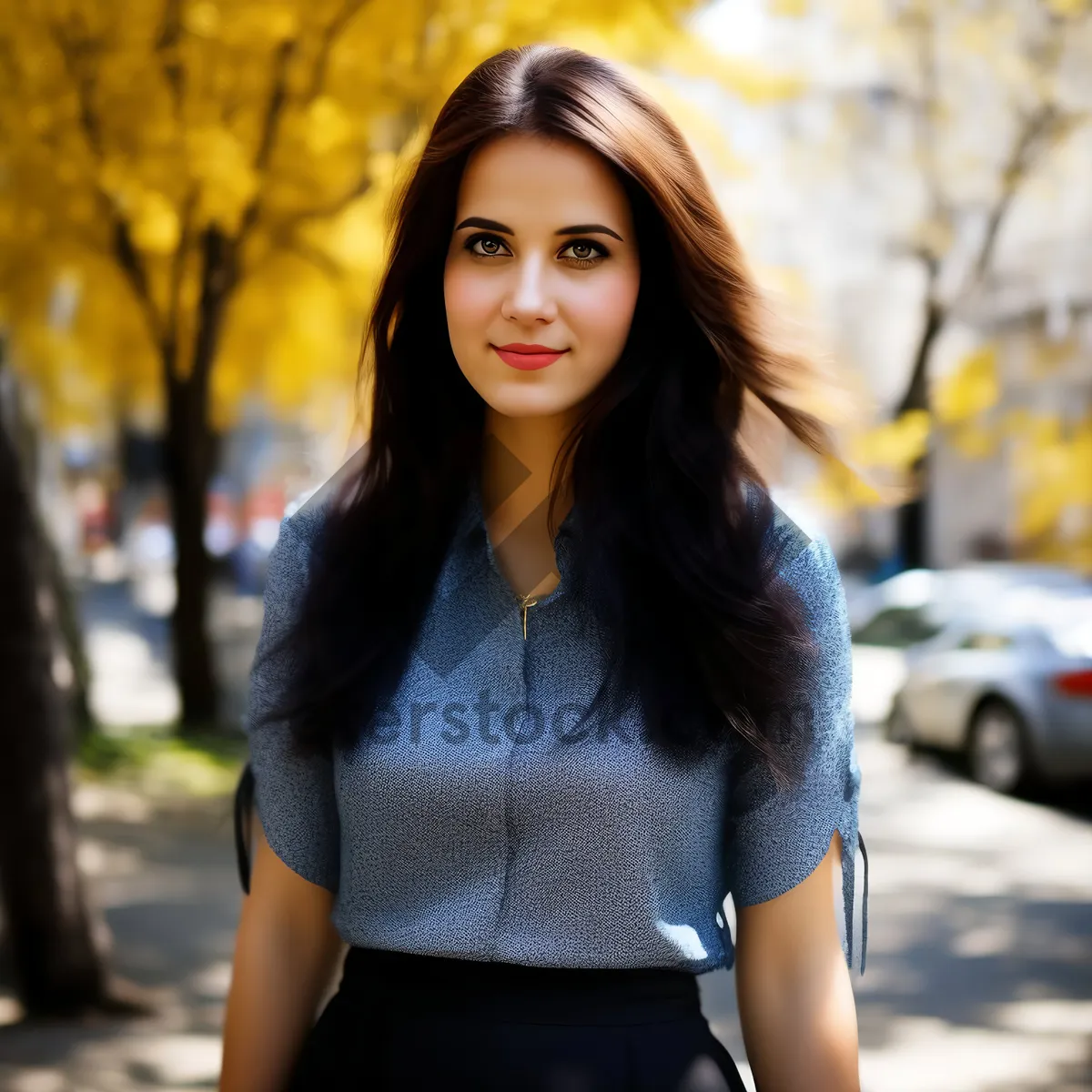 Picture of Smiling brunette fashion model outdoor portrait