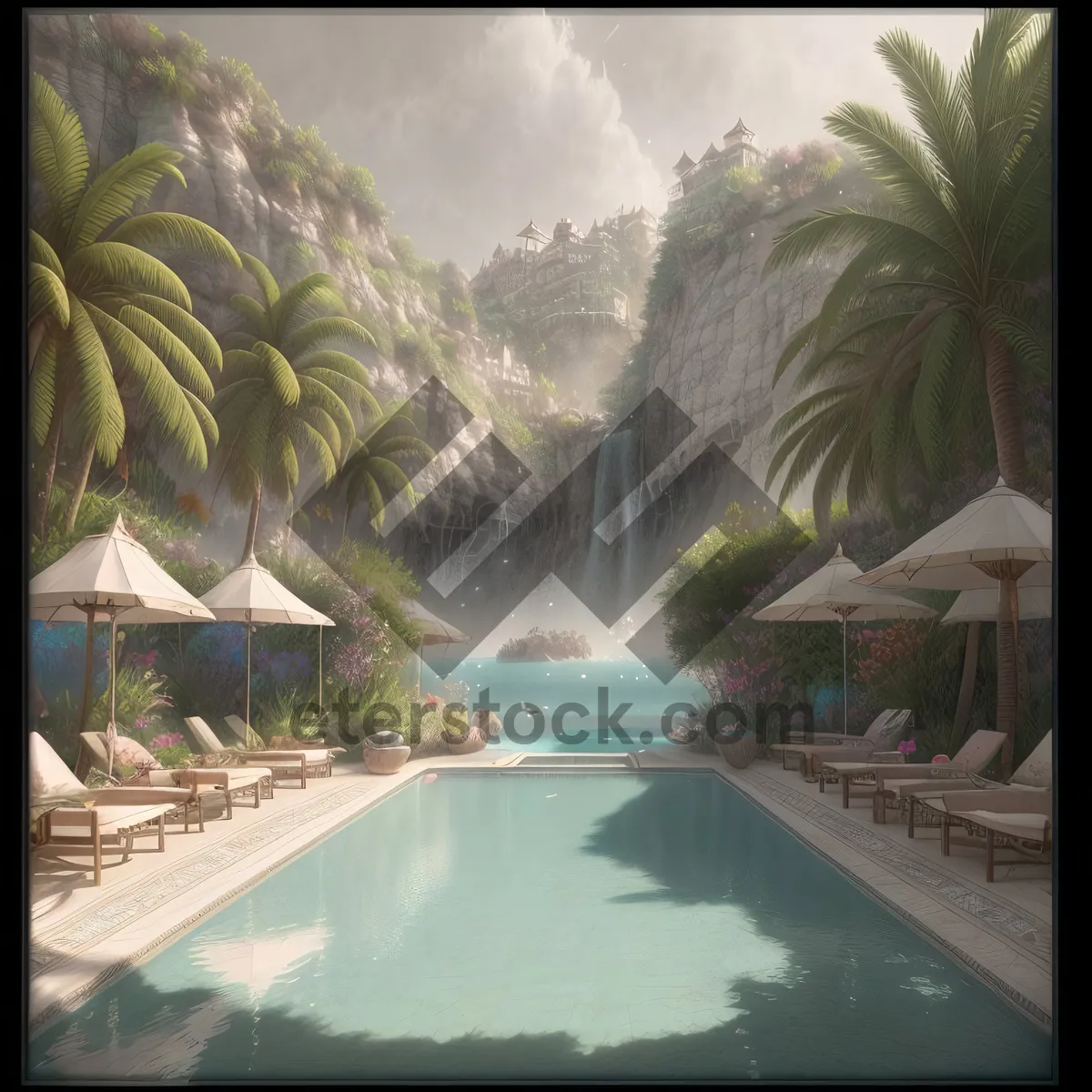 Picture of Tropical Resort Pool With Waterfall and Palm Trees
