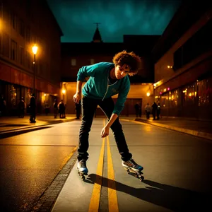 Skateboarder with Hockey Stick in Action