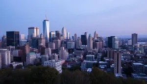 Modern office towers in city center at sunset skyline.