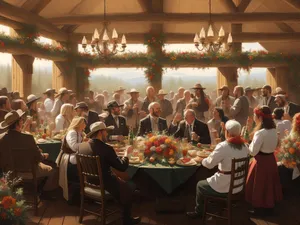 Restaurant dining hall interior with banquet tables and chairs