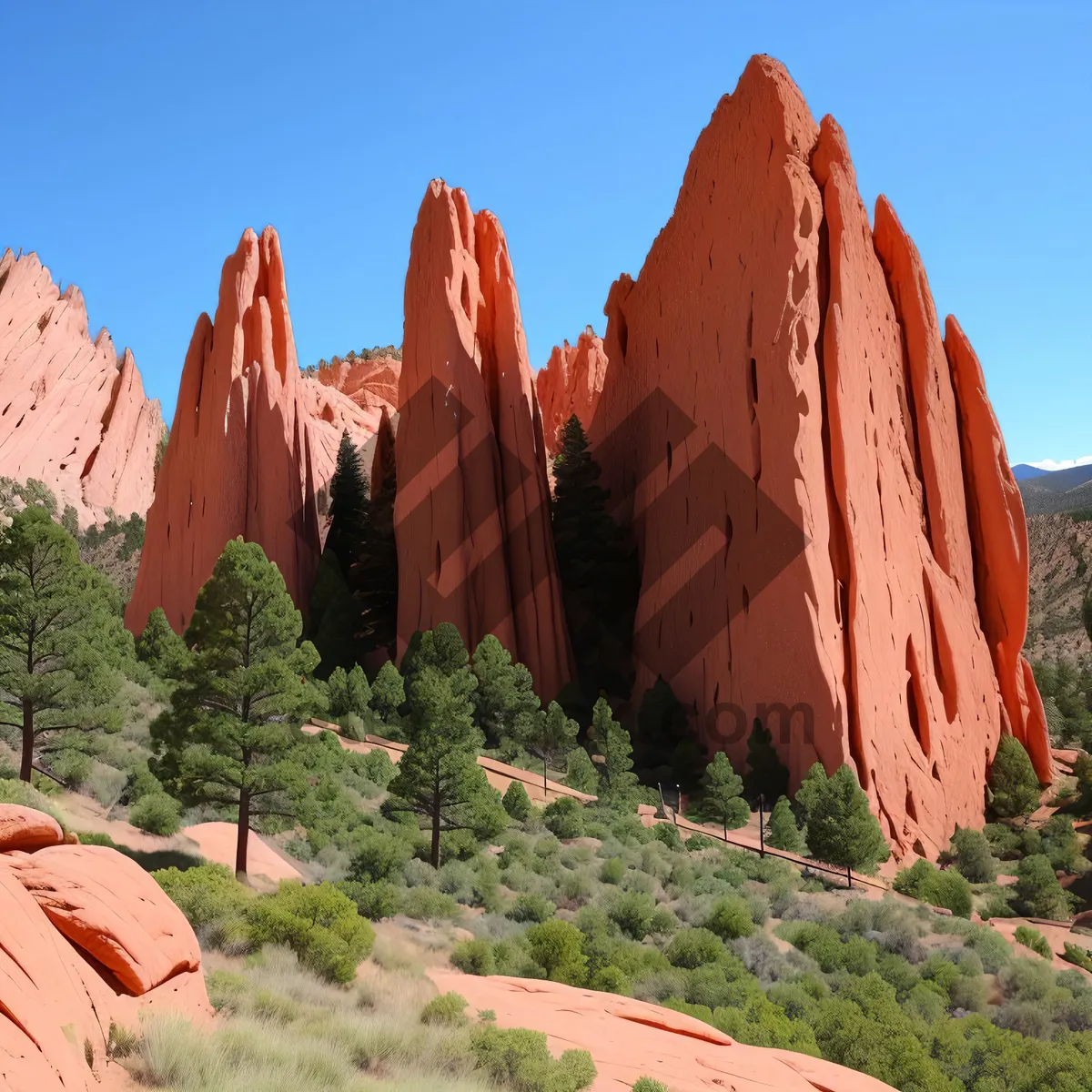 Picture of Desert Oasis: Majestic Sandstone Mountains and Cactus Scenery