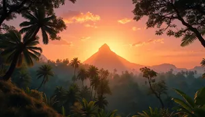 Tropical sunset over palm trees on serene beach.