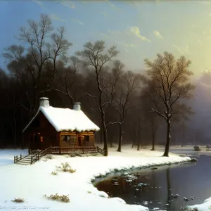 Winter Wonderland: Snowy Barn amidst Forested Landscape
