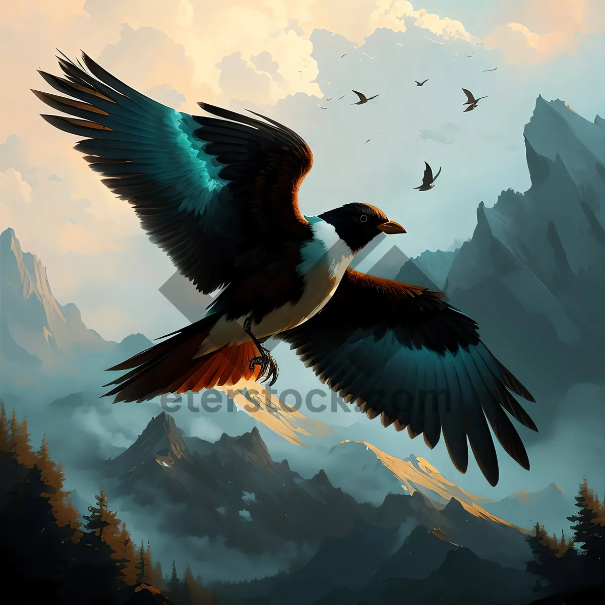 Picture of Majestic Magpie Taking Flight Over Serene Lake