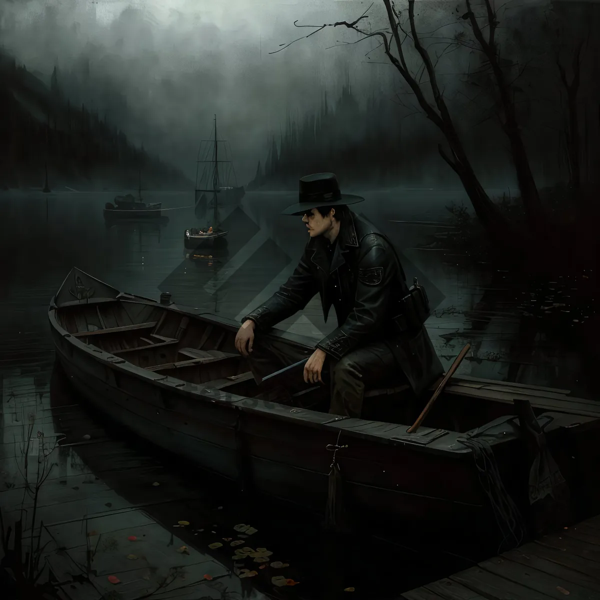 Picture of Paddle boat on serene lake landscape