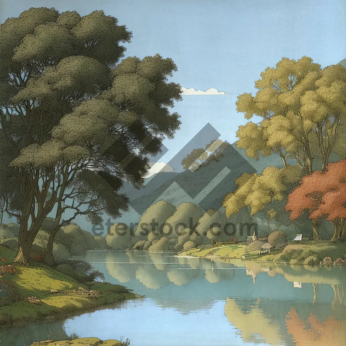 Picture of Serene Waterscape amidst Towering Trees in Nature's Haven