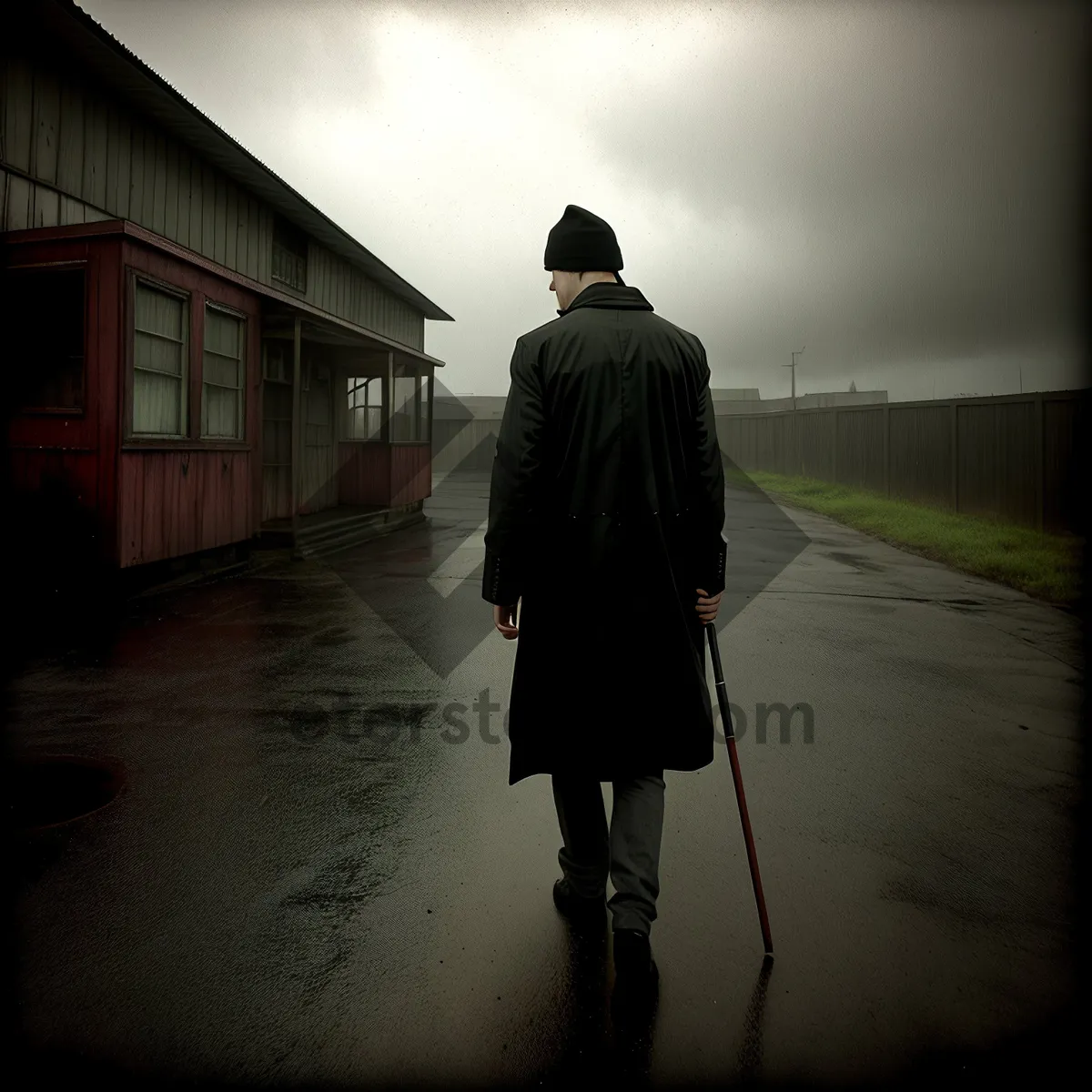 Picture of Silhouette of a man walking with a staff at sunset