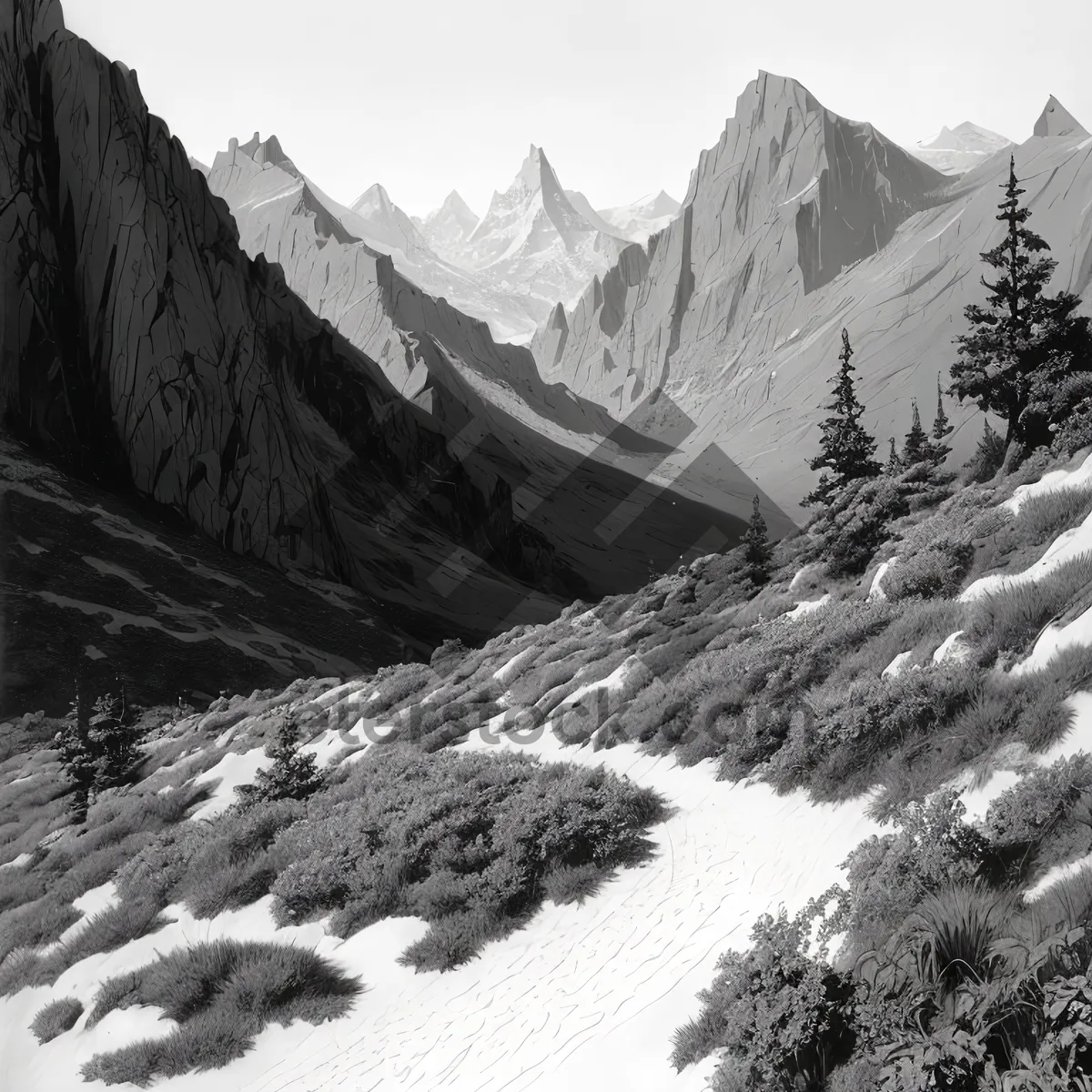 Picture of Snow-capped peaks in serene alpine landscape.