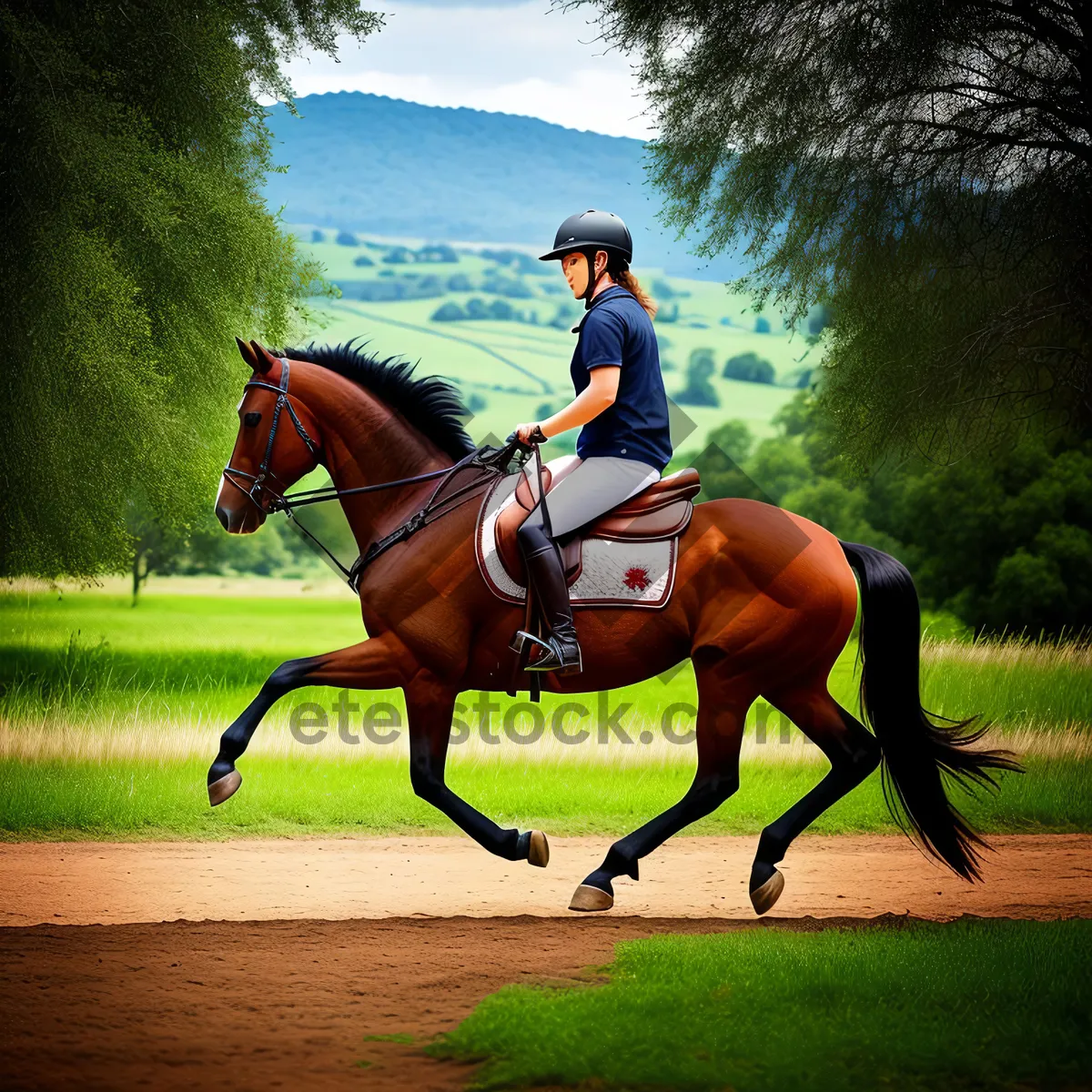 Picture of Dynamic Equestrian Vaulting Performance on Grass Field