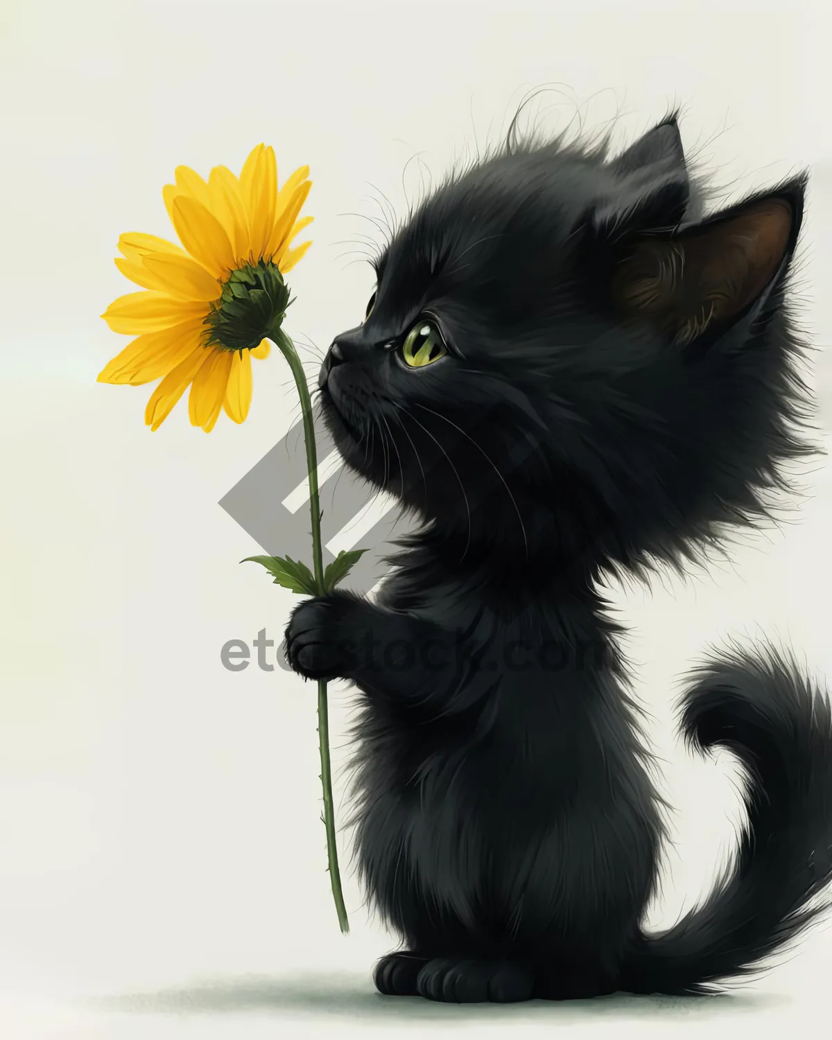 Picture of Fluffy Black Kitten With Yellow Daisy