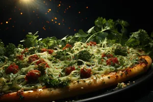 Delicious gourmet pizza with broccoli and cheese slices.