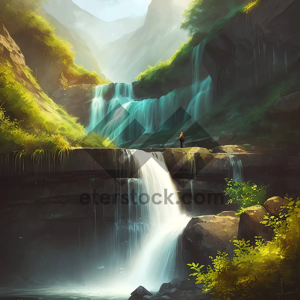 Picture of Scenic Waterfall Cascading Through Rocky Forest