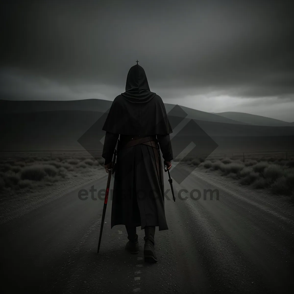 Picture of Sunset Silhouette on Beach: Man with Tripod