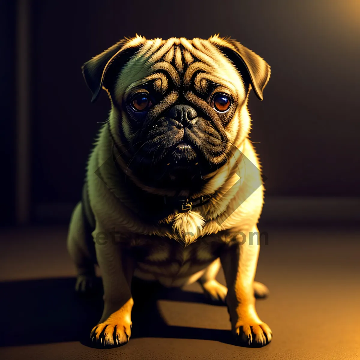 Picture of Adorable wrinkled pug puppy with expressive eyes