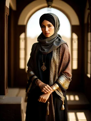 Attractive brunette model in fashionable coat and scarf smiling.