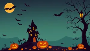 Silhouette of moonlit cemetery with pumpkins and stars.