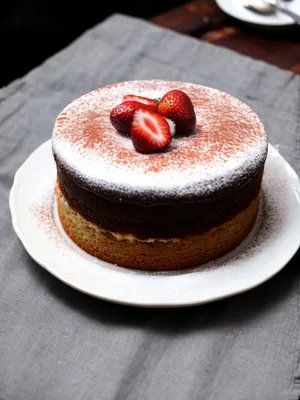 Delicious fruit-filled breakfast plate with cake and cream.