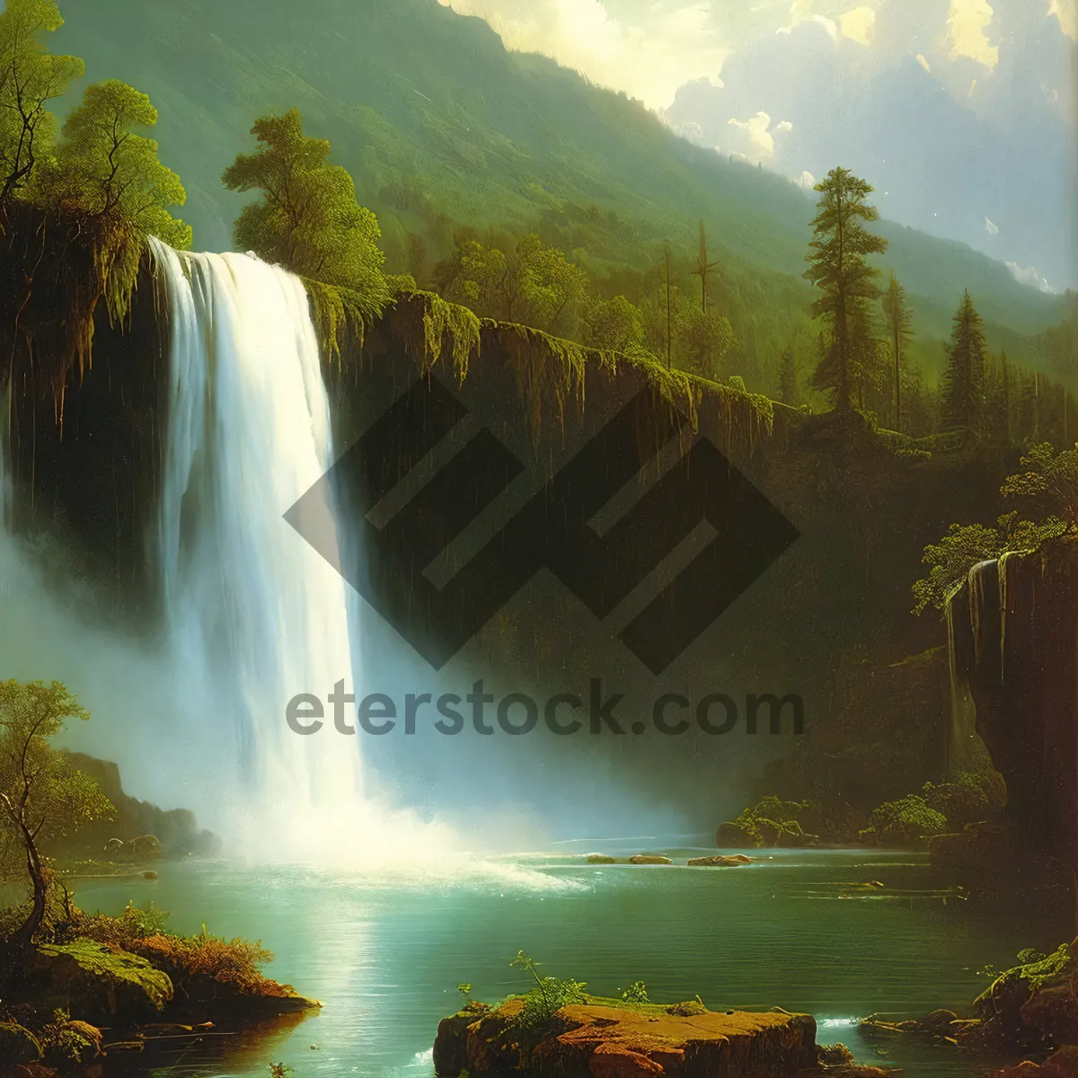 Picture of Serene Waterfall Cascade in Enchanting Forest