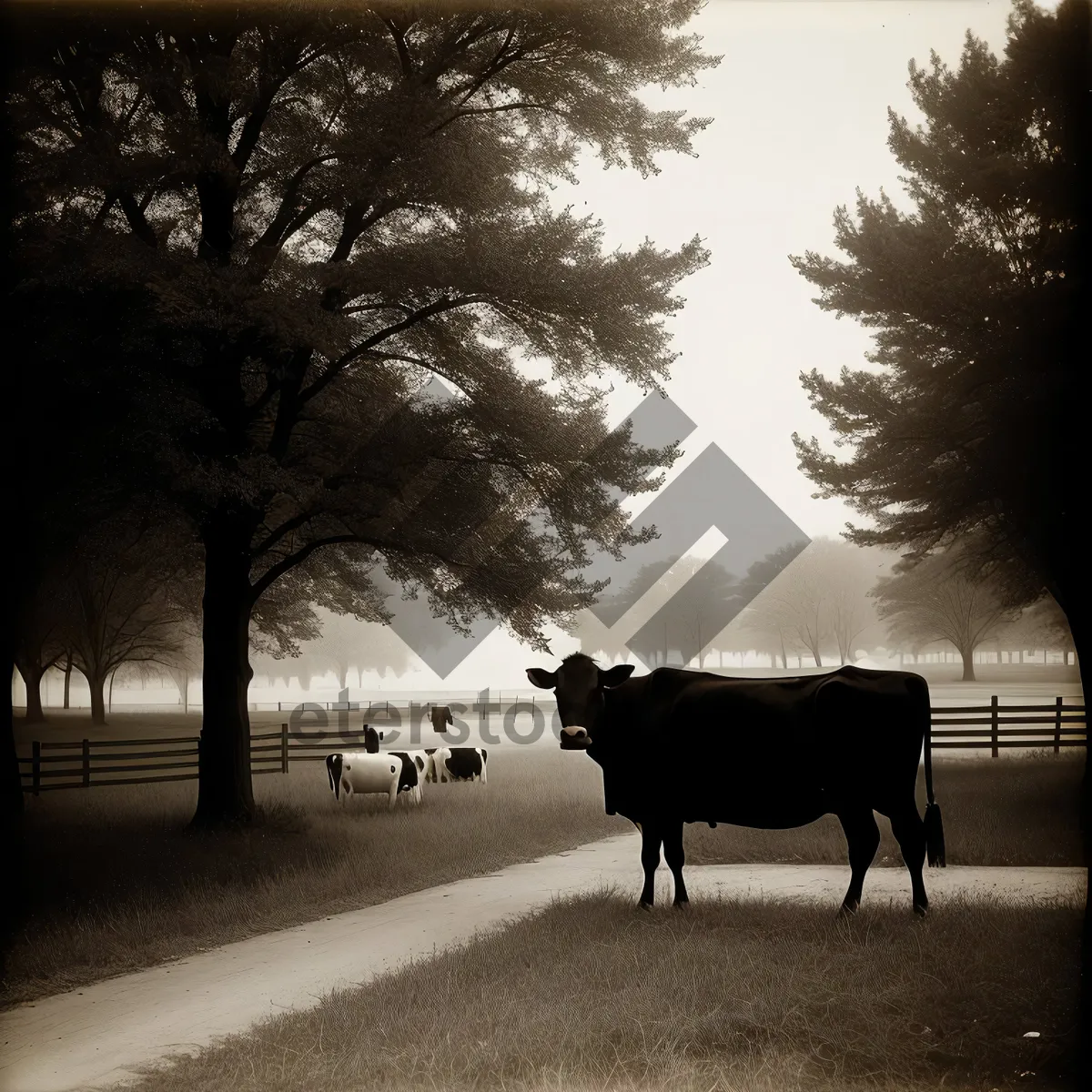 Picture of Horse-drawn wagon on rural sunset farm