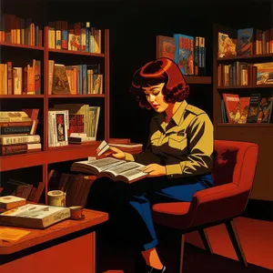 Office desk in library with laptop and books