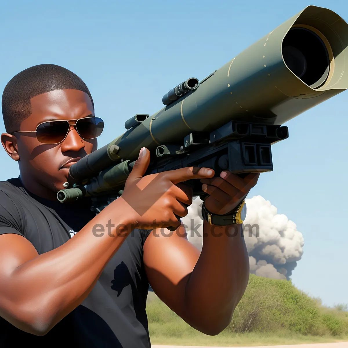 Picture of Male Soldier with Military Rifle and Lens