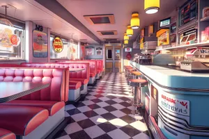 Modern cafeteria interior with empty tables and chairs.