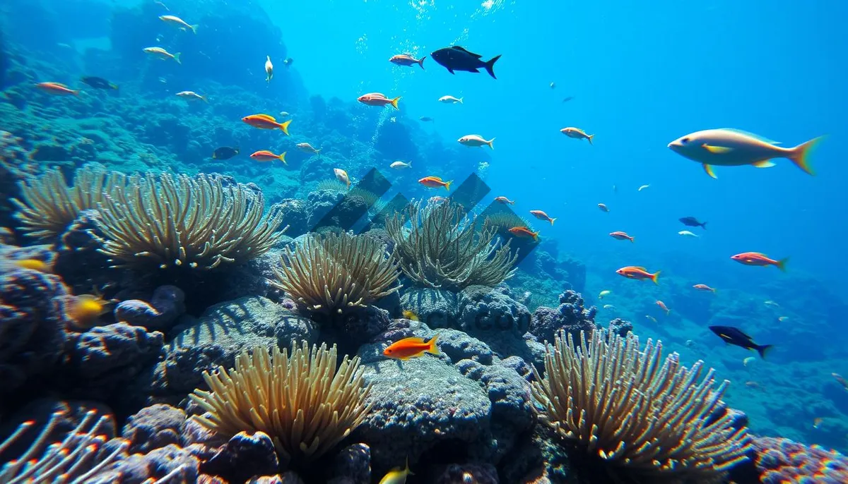 Picture of Colorful underwater coral reef with tropical fish diving.