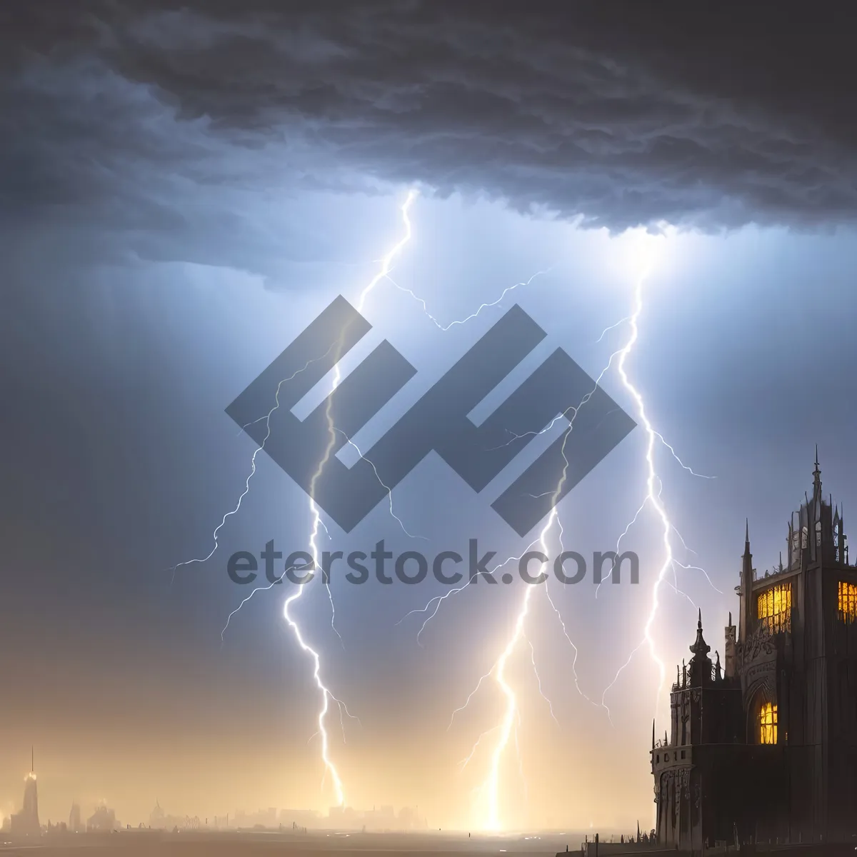 Picture of Powerful Storm Lighting over Night City Landscape