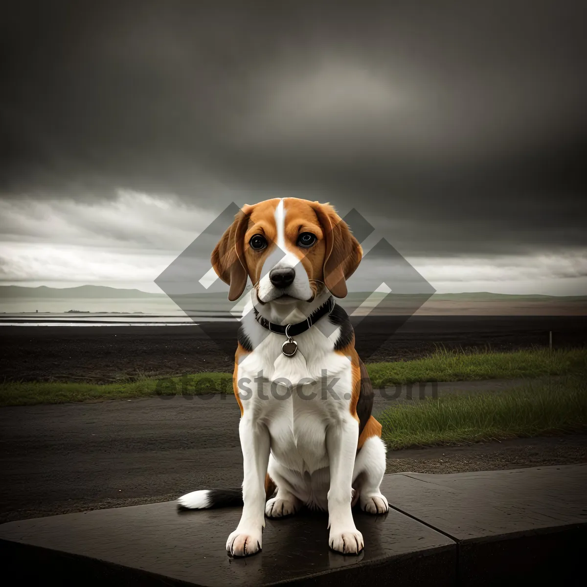 Picture of Adorable Beagle Puppy with Brown Collar in Studio Portrait