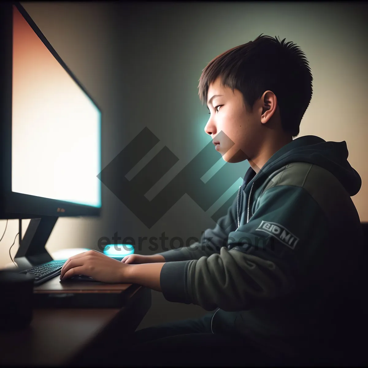 Picture of Smiling executive working on laptop at office desk.