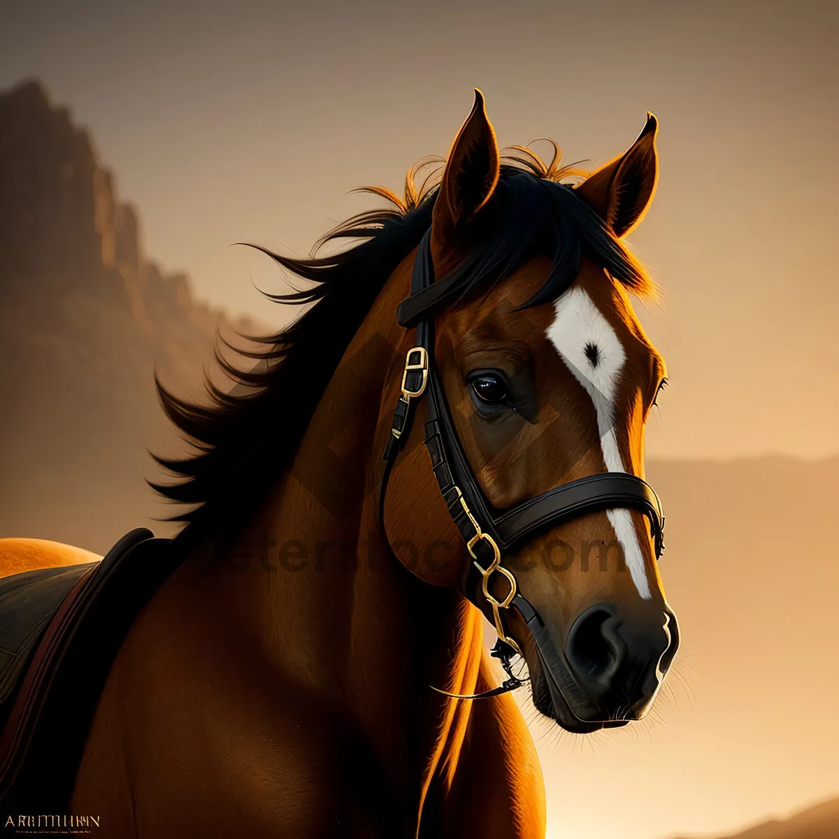 Picture of Majestic Brown Stallion in Rural Meadow