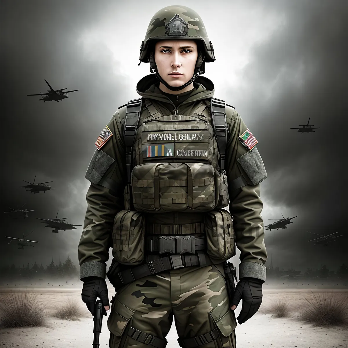 Picture of Male Soldier in Bulletproof Vest and Helmet