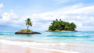 Tropical beach paradise with palm trees and ocean waves.